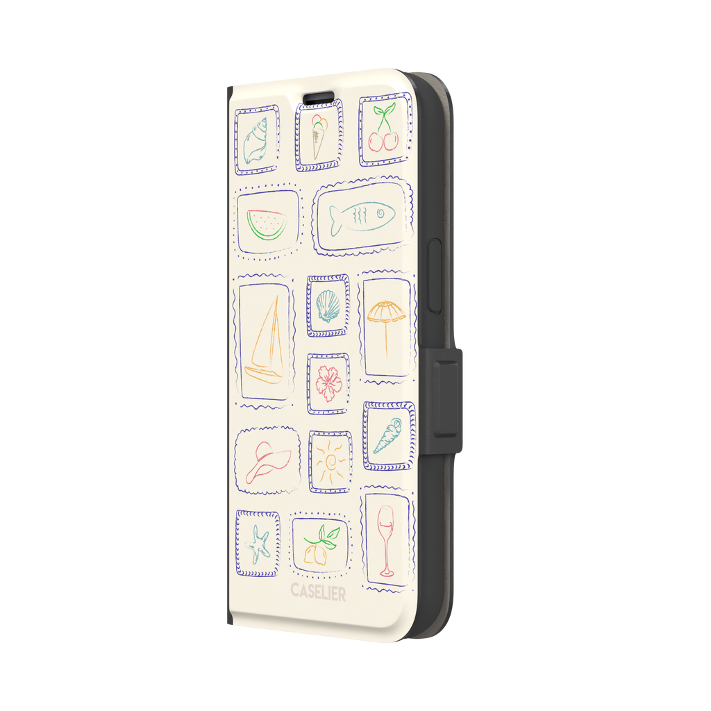 Summer Frames phone case with hand-drawn stamp grid of summer icons in multicolor line art on a cream background, by Caselier — wallet case, right view
