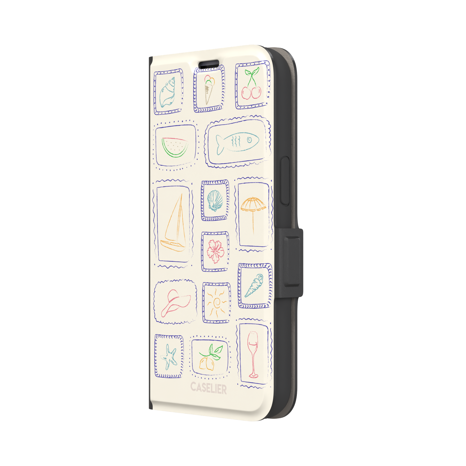 Summer Frames phone case with hand-drawn stamp grid of summer icons in multicolor line art on a cream background, by Caselier — wallet case, right view