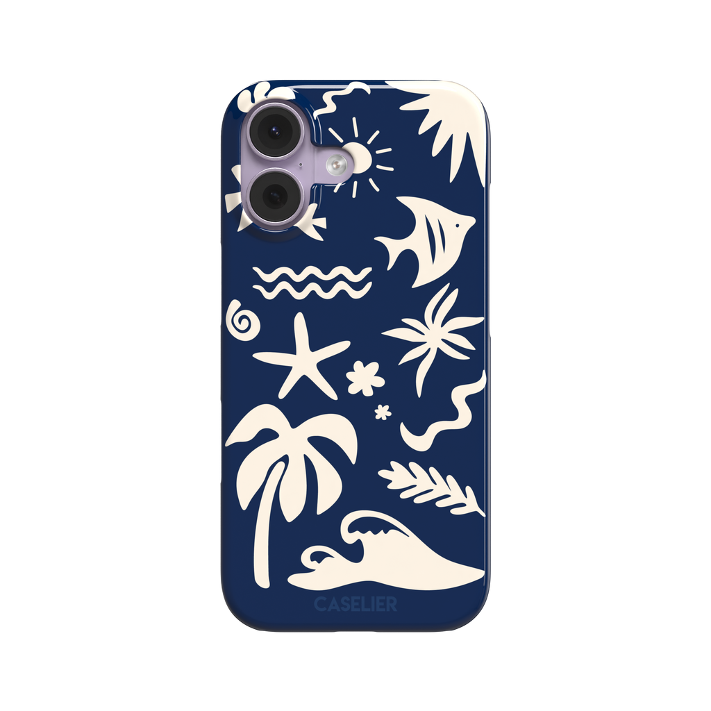 Summer Time phone case in deep navy blue with cream tropical cutout silhouettes including palm trees, starfish, waves and a fish, phone case by Caselier — snap case, front view