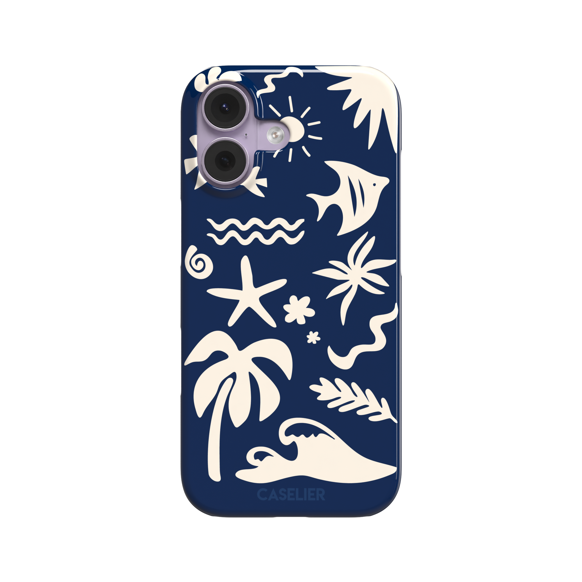 Summer Time phone case in deep navy blue with cream tropical cutout silhouettes including palm trees, starfish, waves and a fish, phone case by Caselier — snap case, front view