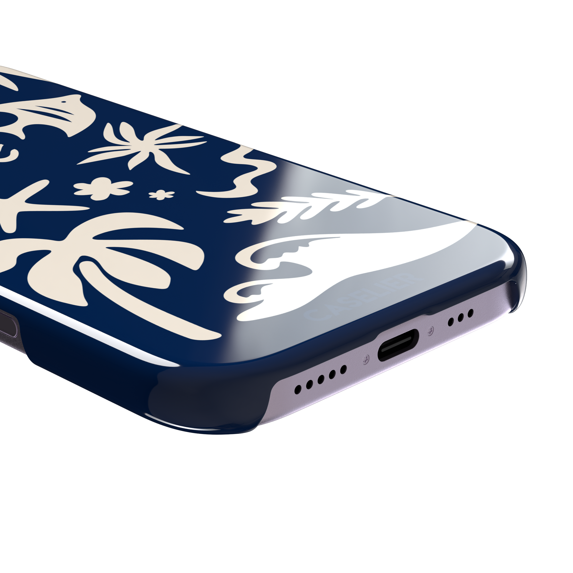 Summer Time phone case in deep navy blue with cream tropical cutout silhouettes including palm trees, starfish, waves and a fish, phone case by Caselier — snap case, charging port detail