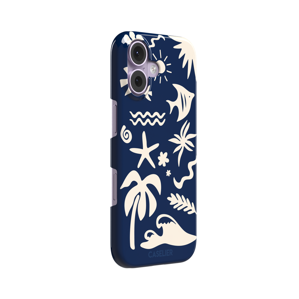 Summer Time phone case in deep navy blue with cream tropical cutout silhouettes including palm trees, starfish, waves and a fish, phone case by Caselier — snap case, left view