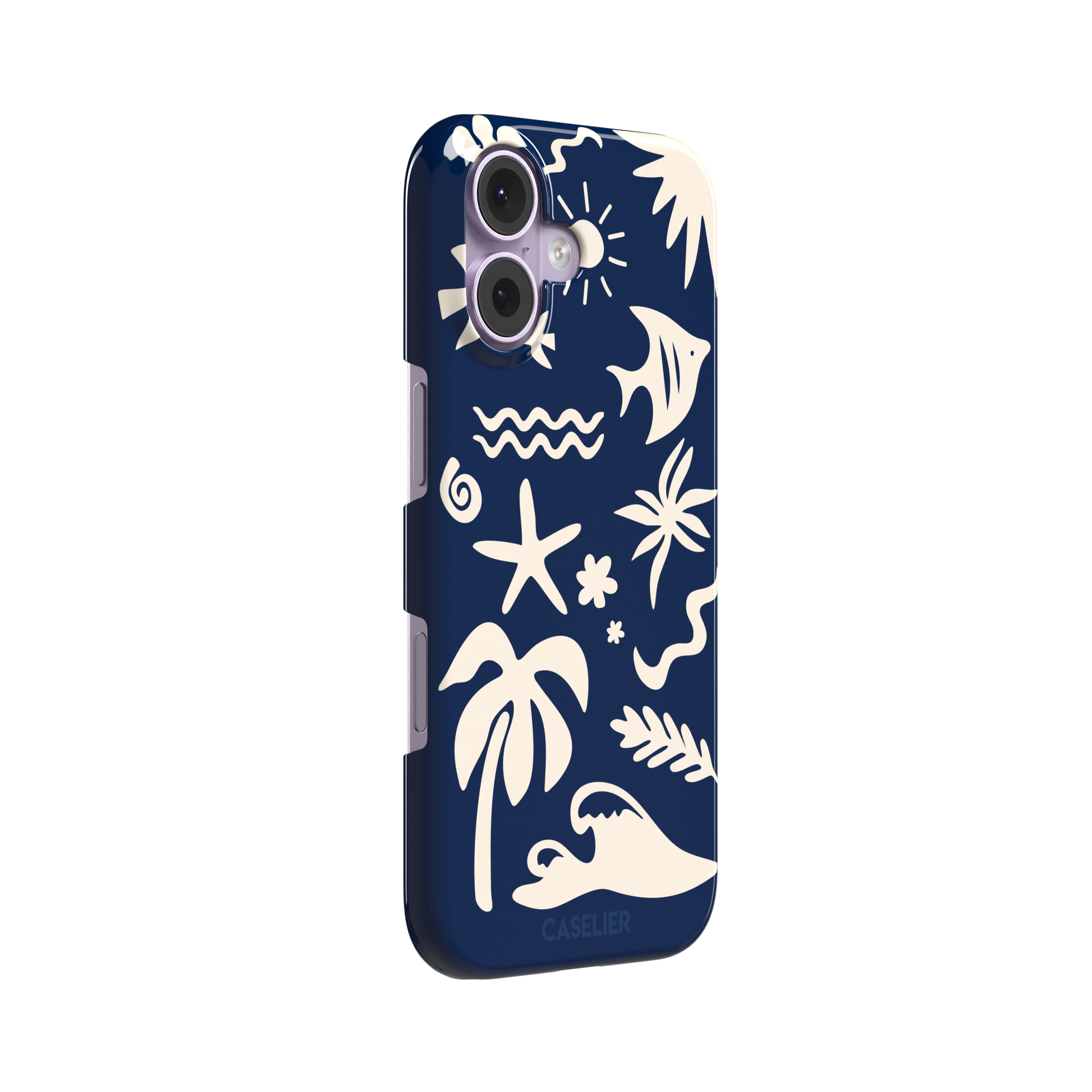 Summer Time phone case in deep navy blue with cream tropical cutout silhouettes including palm trees, starfish, waves and a fish, phone case by Caselier — snap case, left view