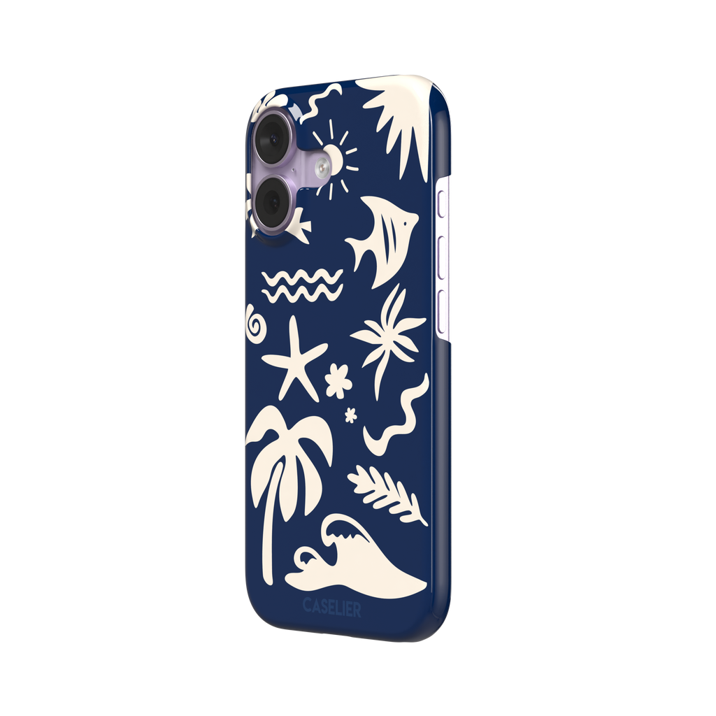 Summer Time phone case in deep navy blue with cream tropical cutout silhouettes including palm trees, starfish, waves and a fish, phone case by Caselier — snap case, right view
