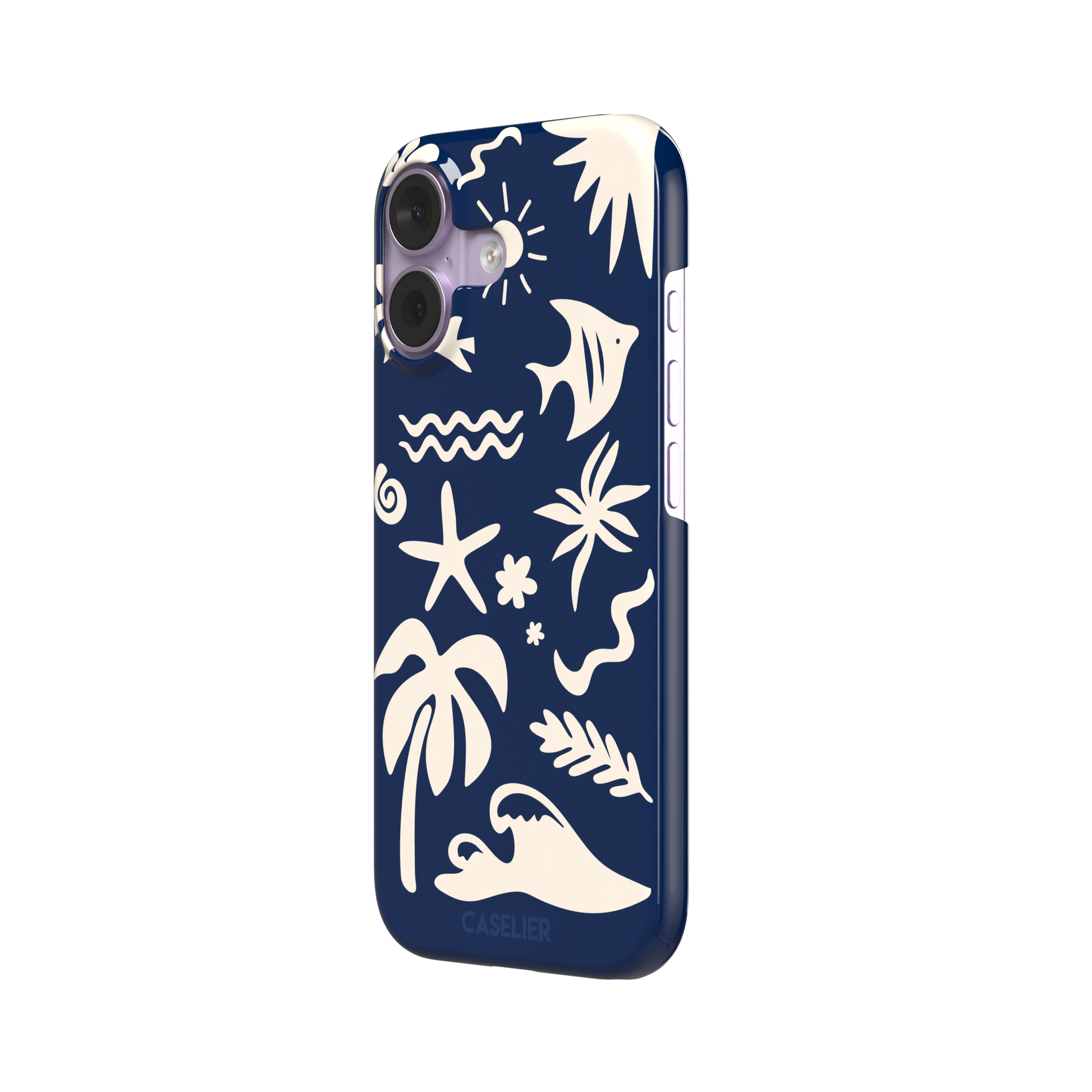 Summer Time phone case in deep navy blue with cream tropical cutout silhouettes including palm trees, starfish, waves and a fish, phone case by Caselier — snap case, right view