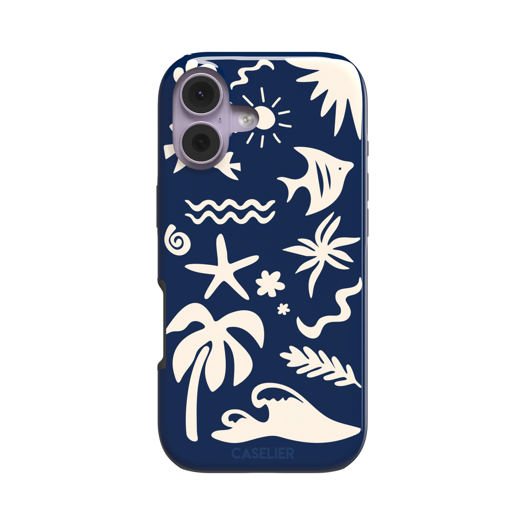 Summer Time phone case in deep navy blue with cream tropical cutout silhouettes including palm trees, starfish, waves and a fish, phone case by Caselier — tough case, front view