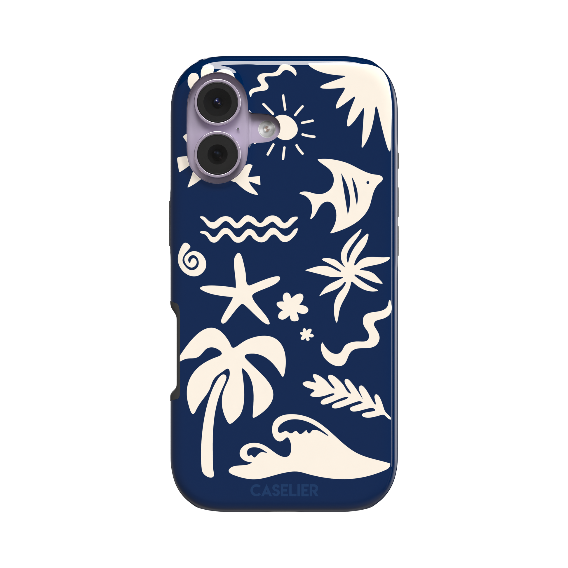 Summer Time phone case in deep navy blue with cream tropical cutout silhouettes including palm trees, starfish, waves and a fish, phone case by Caselier — tough case, front view