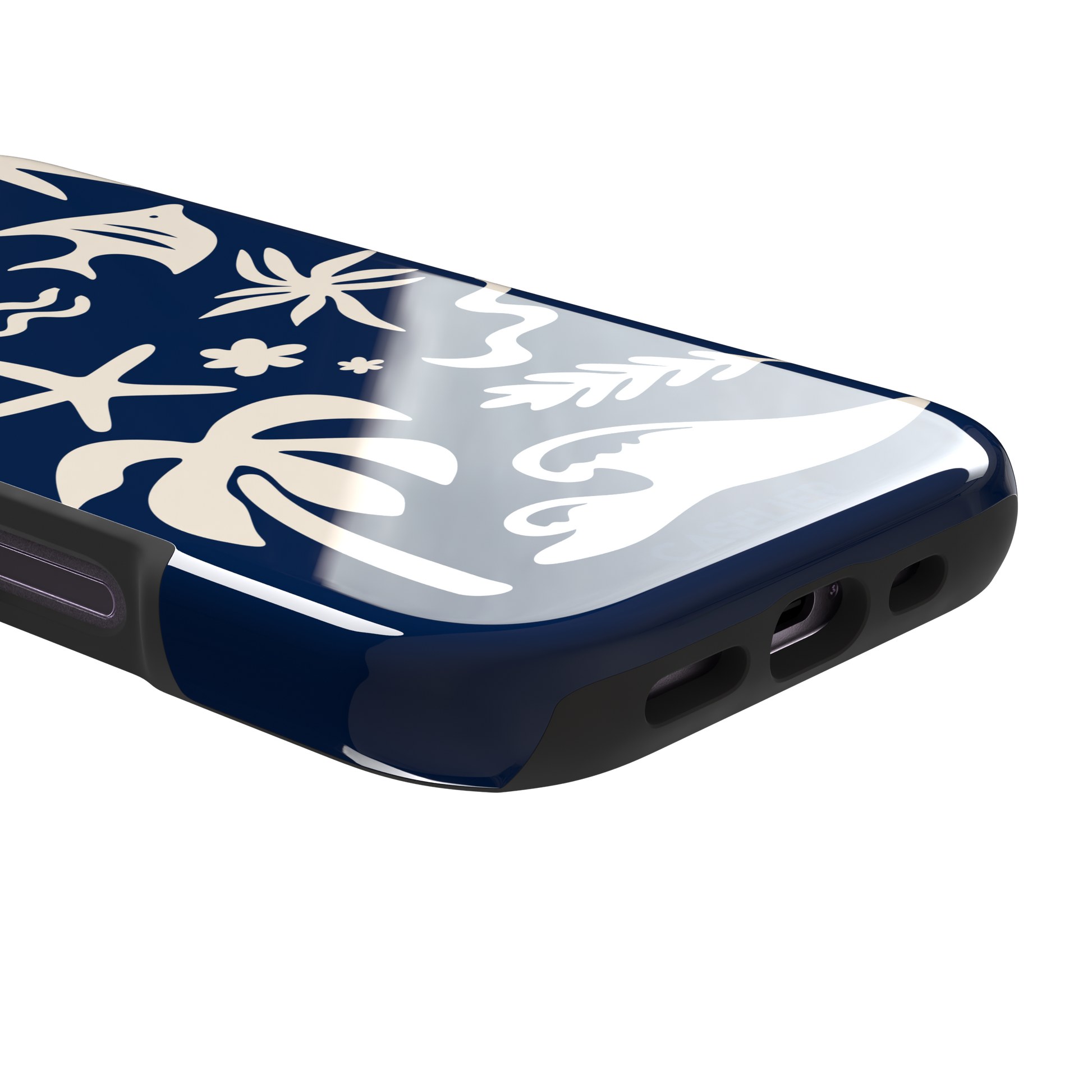 Summer Time phone case in deep navy blue with cream tropical cutout silhouettes including palm trees, starfish, waves and a fish, phone case by Caselier — tough case, charging port detail