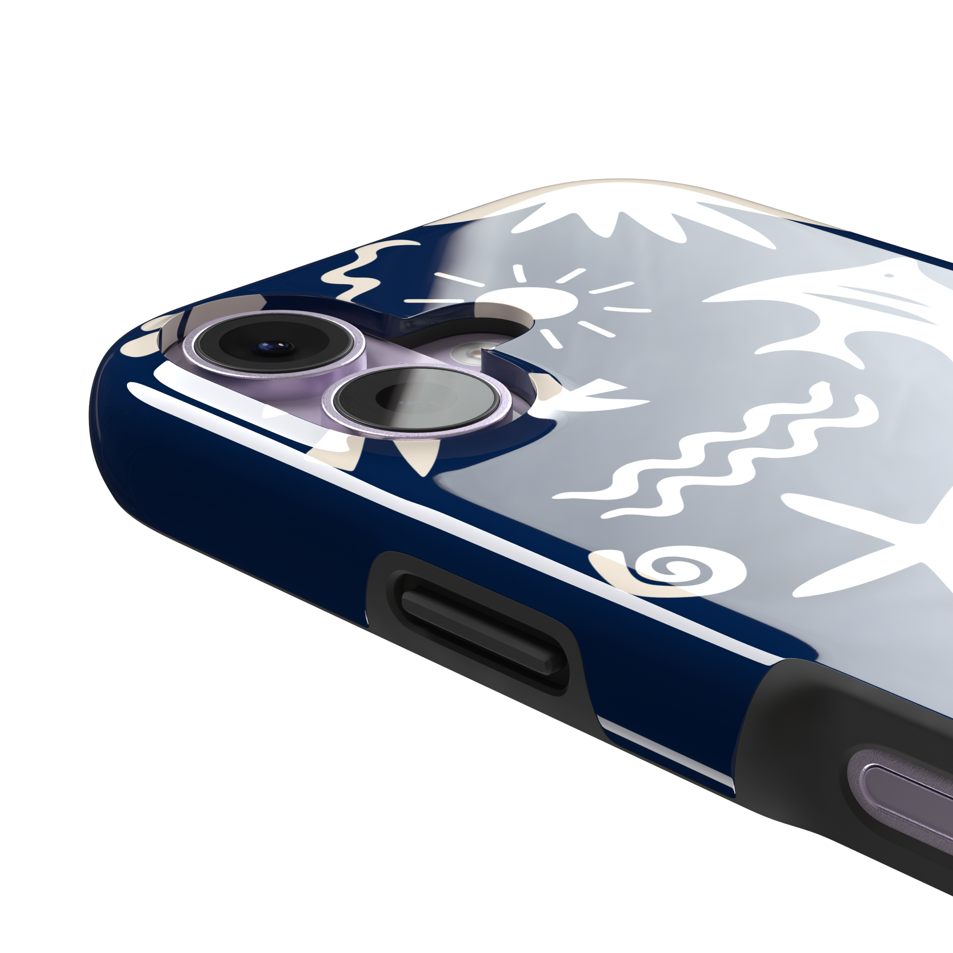 Summer Time phone case in deep navy blue with cream tropical cutout silhouettes including palm trees, starfish, waves and a fish, phone case by Caselier — tough case, volume buttons detail