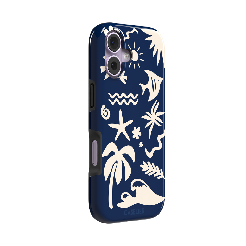 Summer Time phone case in deep navy blue with cream tropical cutout silhouettes including palm trees, starfish, waves and a fish, phone case by Caselier — tough case, left view