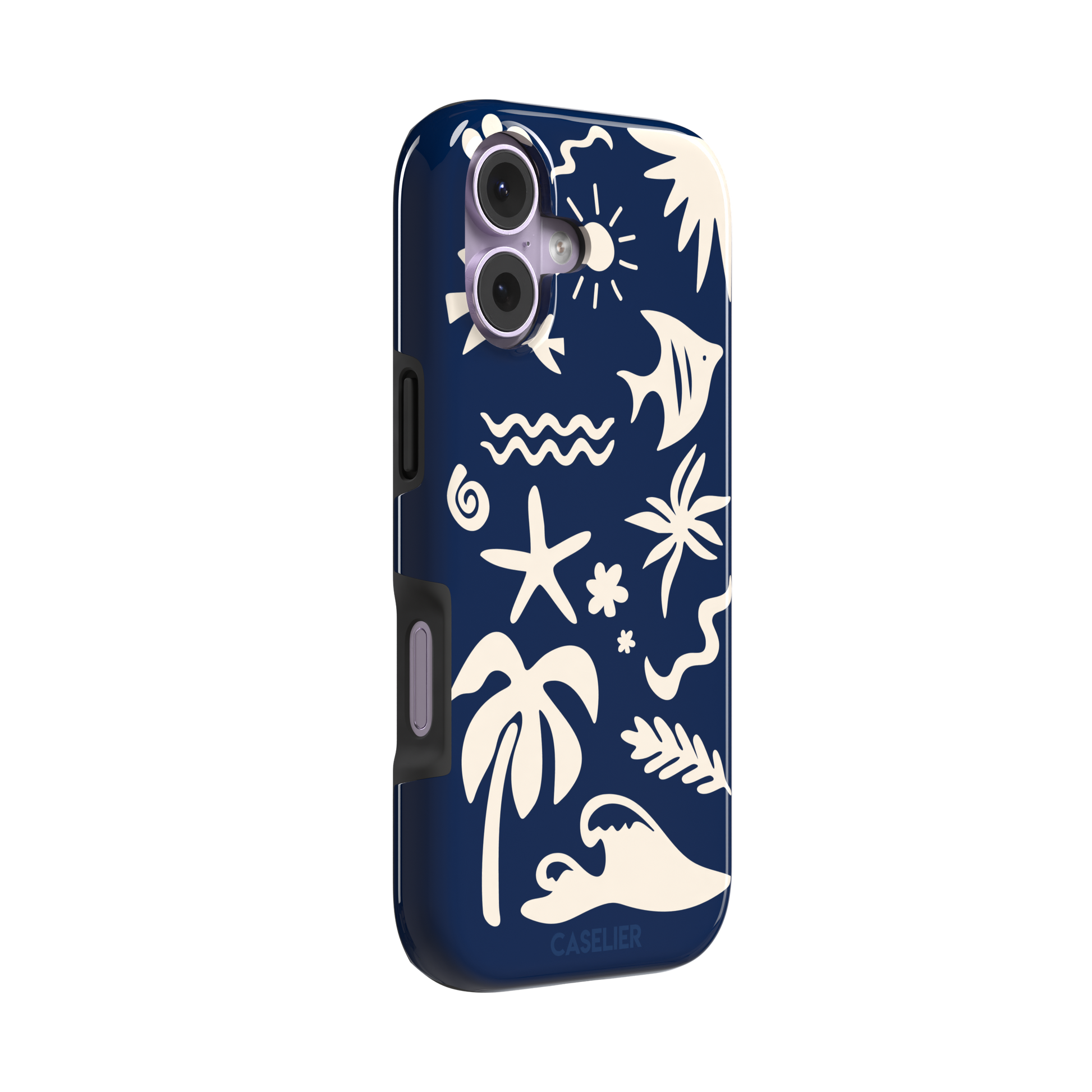 Summer Time phone case in deep navy blue with cream tropical cutout silhouettes including palm trees, starfish, waves and a fish, phone case by Caselier — tough case, left view