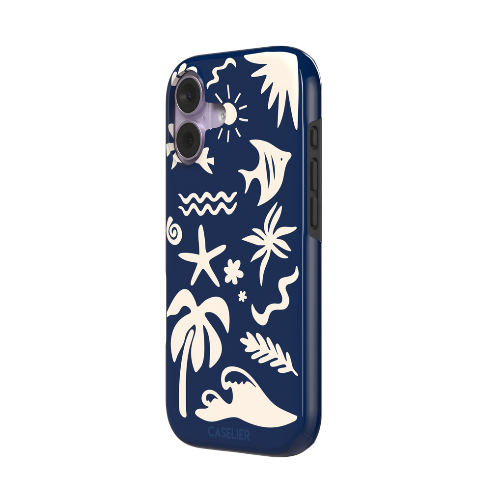 Summer Time phone case in deep navy blue with cream tropical cutout silhouettes including palm trees, starfish, waves and a fish, phone case by Caselier — tough case, right view