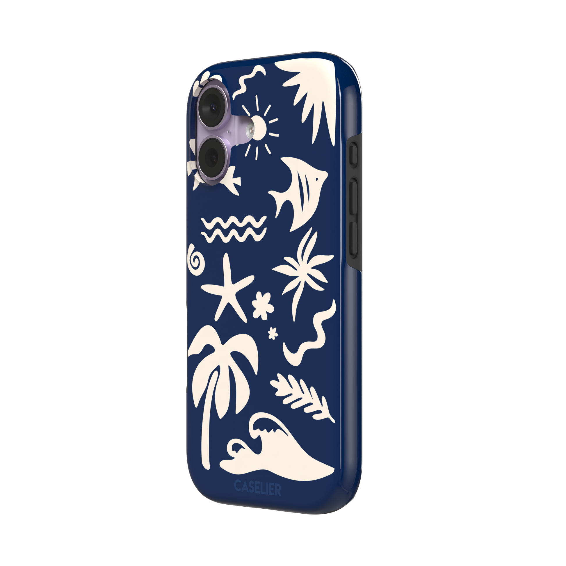 Summer Time phone case in deep navy blue with cream tropical cutout silhouettes including palm trees, starfish, waves and a fish, phone case by Caselier — tough case, right view