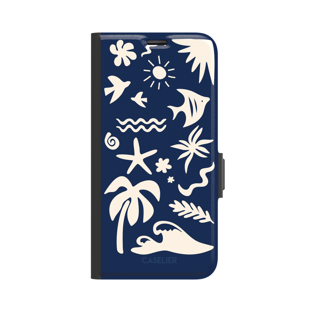 Summer Time phone case in deep navy blue with cream tropical cutout silhouettes including palm trees, starfish, waves and a fish, phone case by Caselier — wallet case, front view