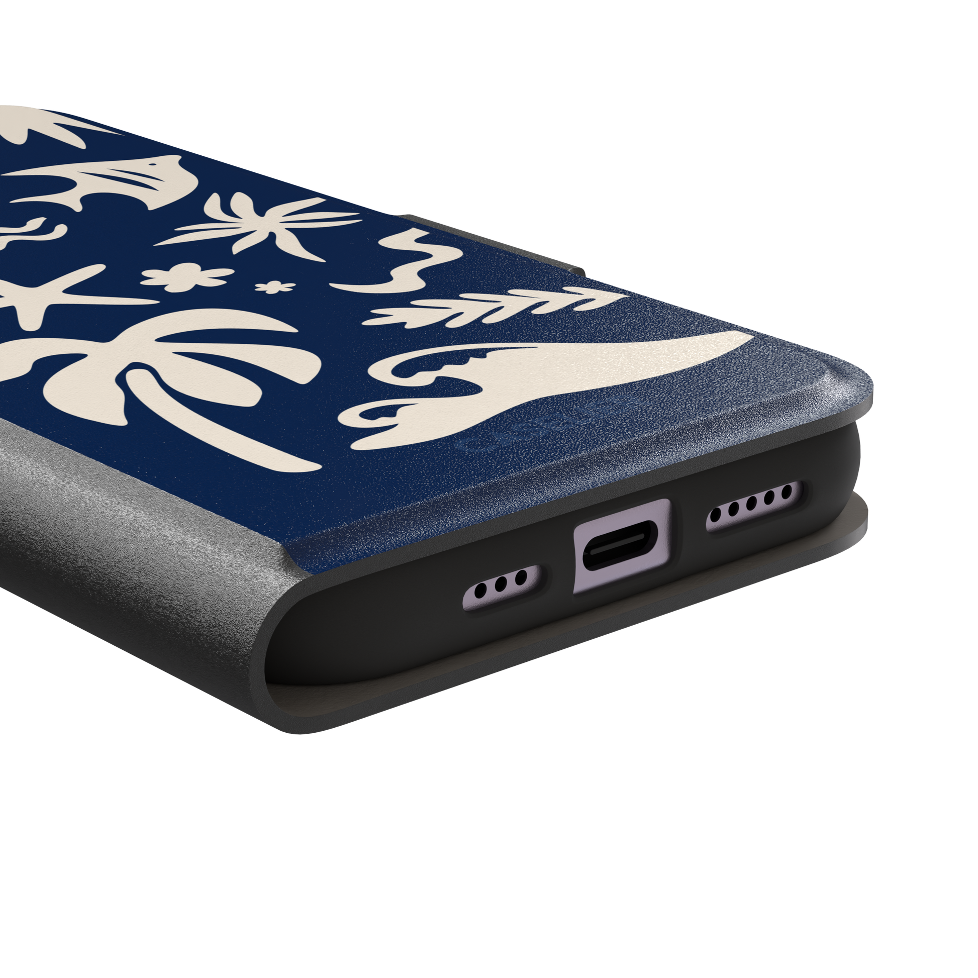 Summer Time phone case in deep navy blue with cream tropical cutout silhouettes including palm trees, starfish, waves and a fish, phone case by Caselier — wallet case, charging port detail