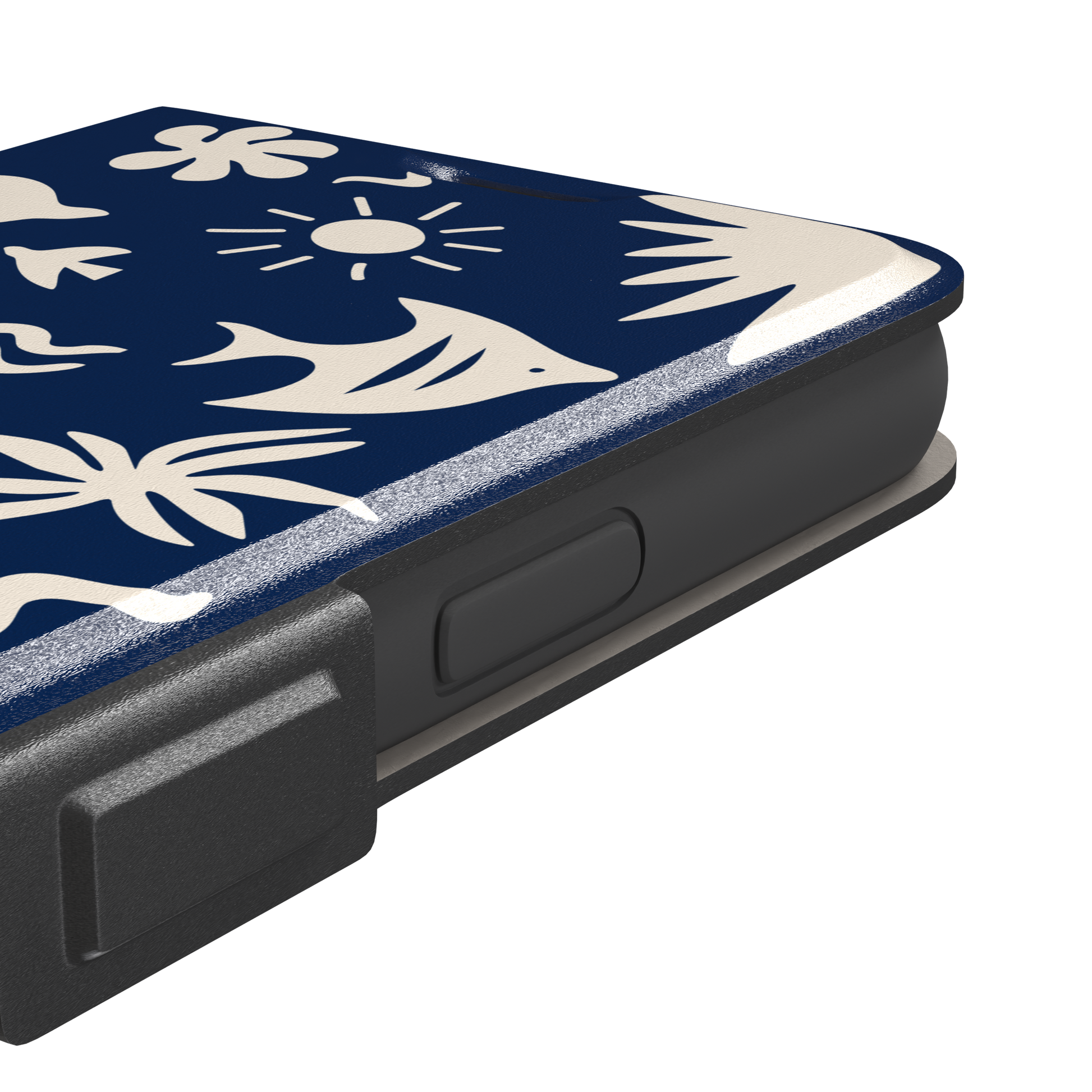 Summer Time phone case in deep navy blue with cream tropical cutout silhouettes including palm trees, starfish, waves and a fish, phone case by Caselier — wallet case, volume buttons detail