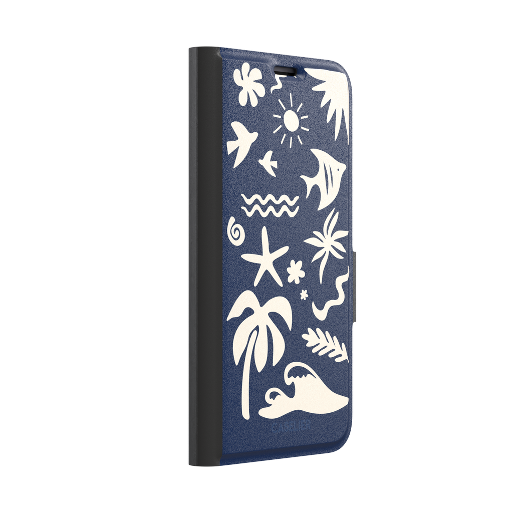 Summer Time phone case in deep navy blue with cream tropical cutout silhouettes including palm trees, starfish, waves and a fish, phone case by Caselier — wallet case, left view