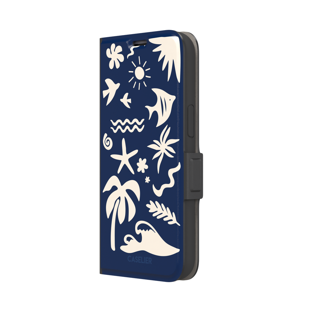 Summer Time phone case in deep navy blue with cream tropical cutout silhouettes including palm trees, starfish, waves and a fish, phone case by Caselier — wallet case, right view