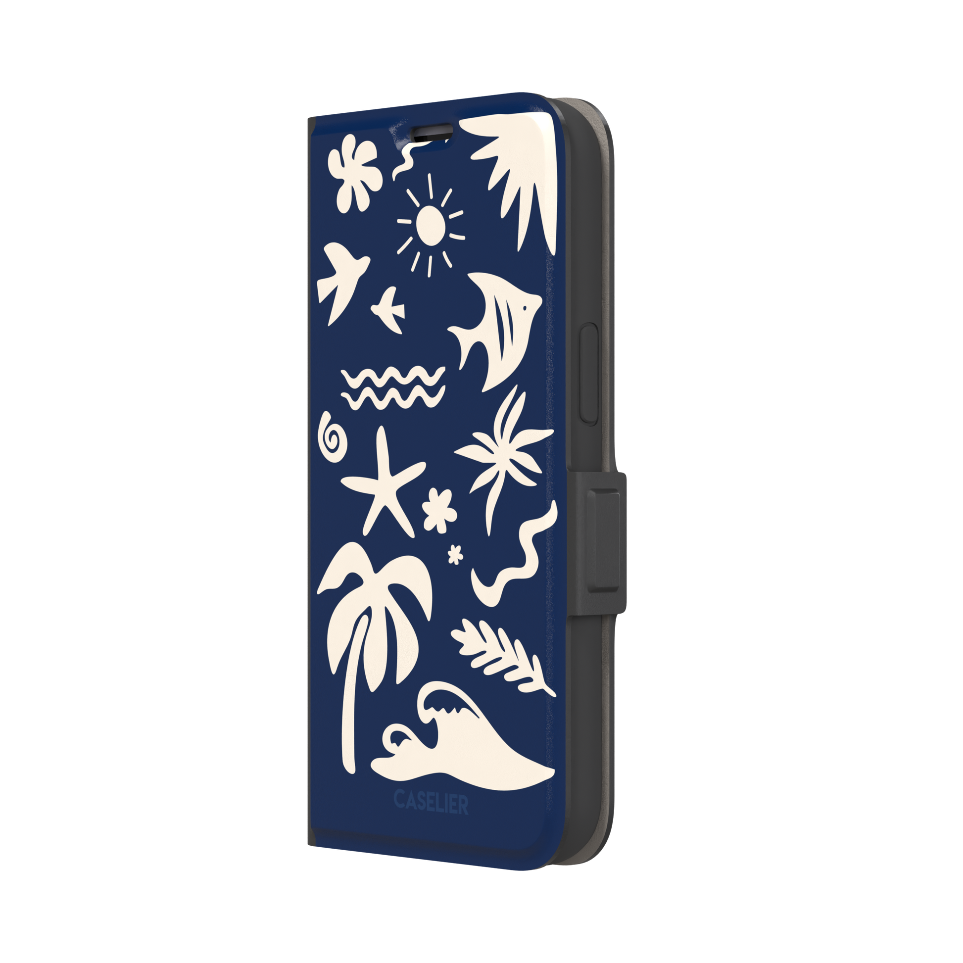 Summer Time phone case in deep navy blue with cream tropical cutout silhouettes including palm trees, starfish, waves and a fish, phone case by Caselier — wallet case, right view