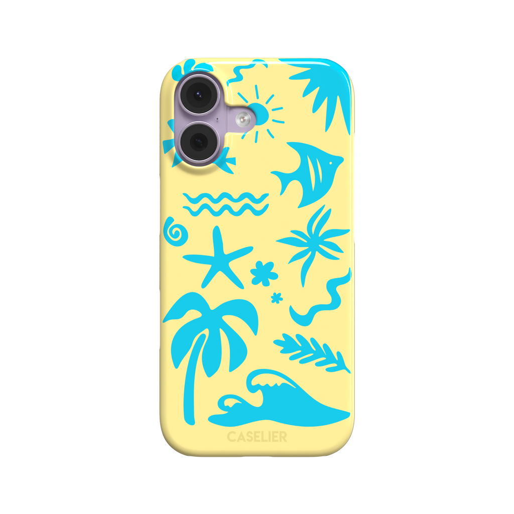 Summer Time phone case in pale yellow with bright turquoise tropical cutout silhouettes including palm trees, starfish, waves and a fish, phone case by Caselier — snap case, front view
