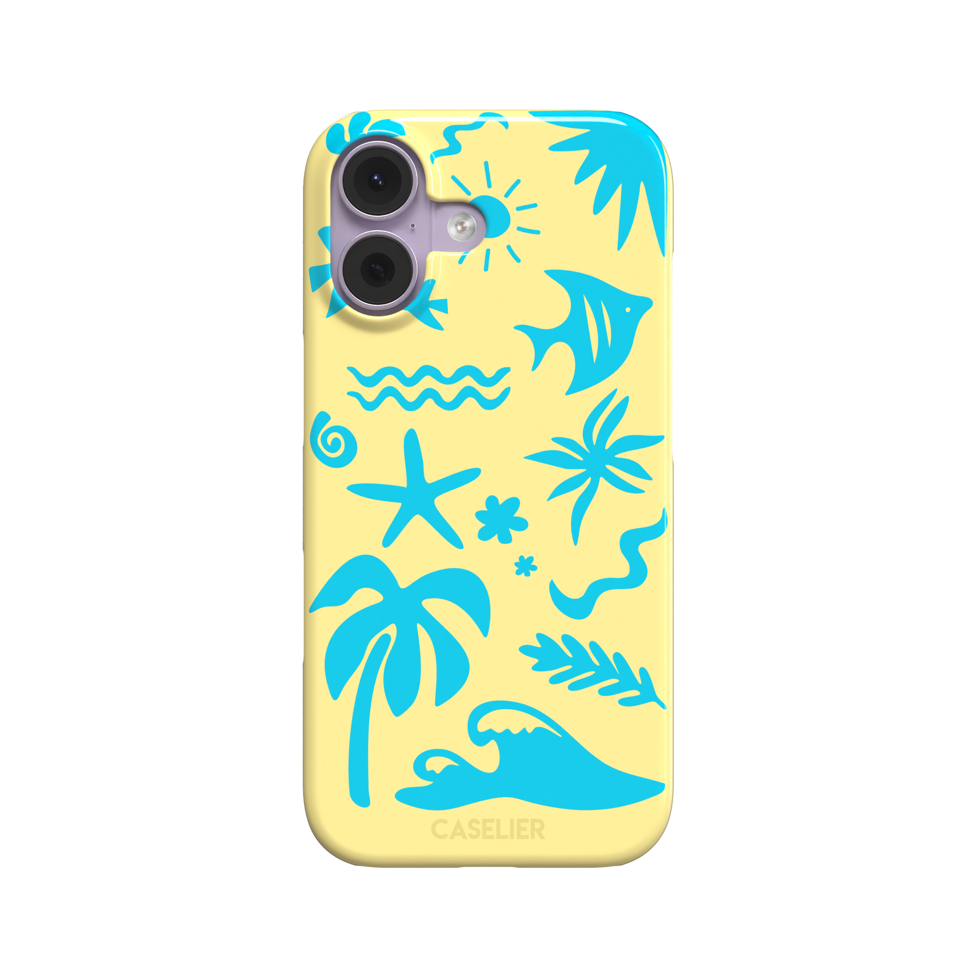 Summer Time phone case in pale yellow with bright turquoise tropical cutout silhouettes including palm trees, starfish, waves and a fish, phone case by Caselier — snap case, front view