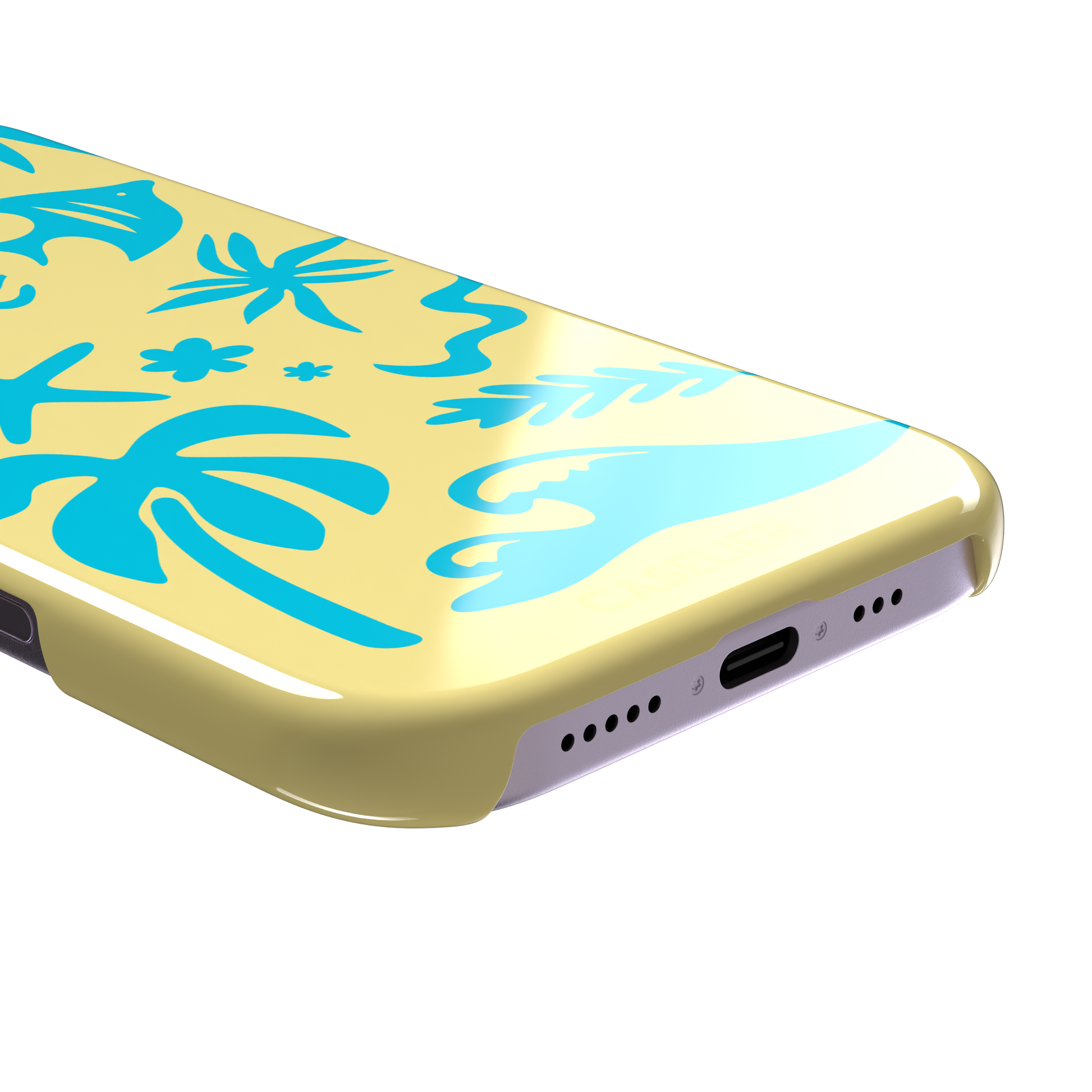 Summer Time phone case in pale yellow with bright turquoise tropical cutout silhouettes including palm trees, starfish, waves and a fish, phone case by Caselier — snap case, charging port detail