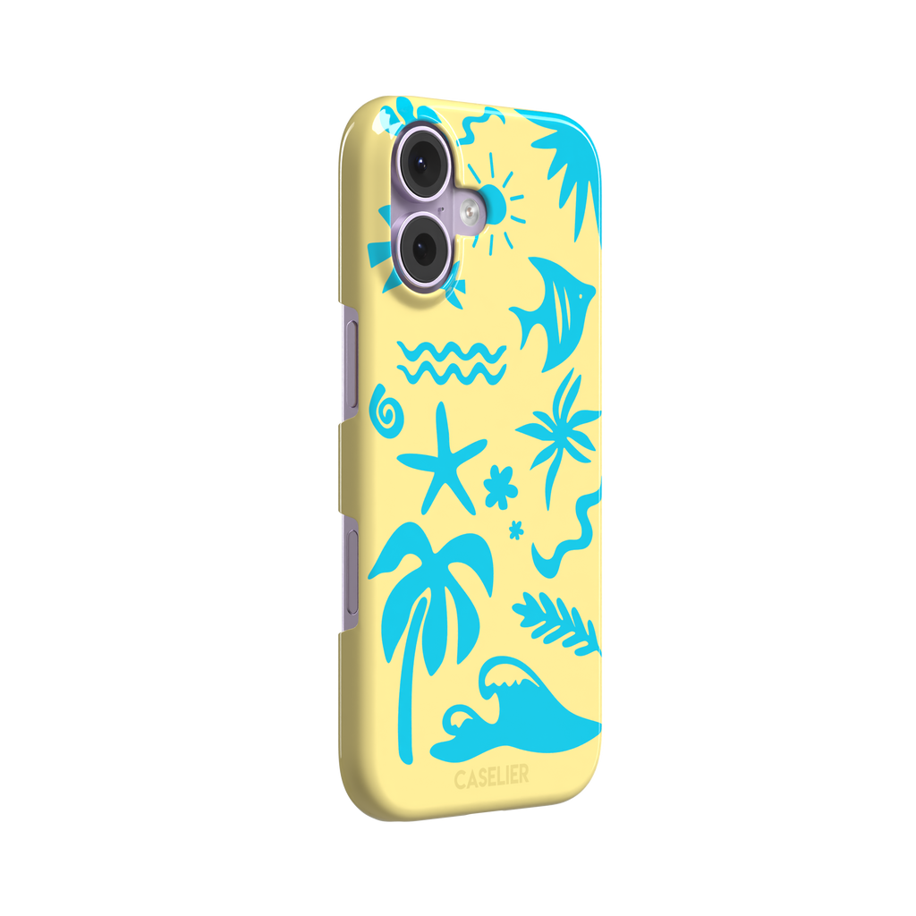 Summer Time phone case in pale yellow with bright turquoise tropical cutout silhouettes including palm trees, starfish, waves and a fish, phone case by Caselier — snap case, left view