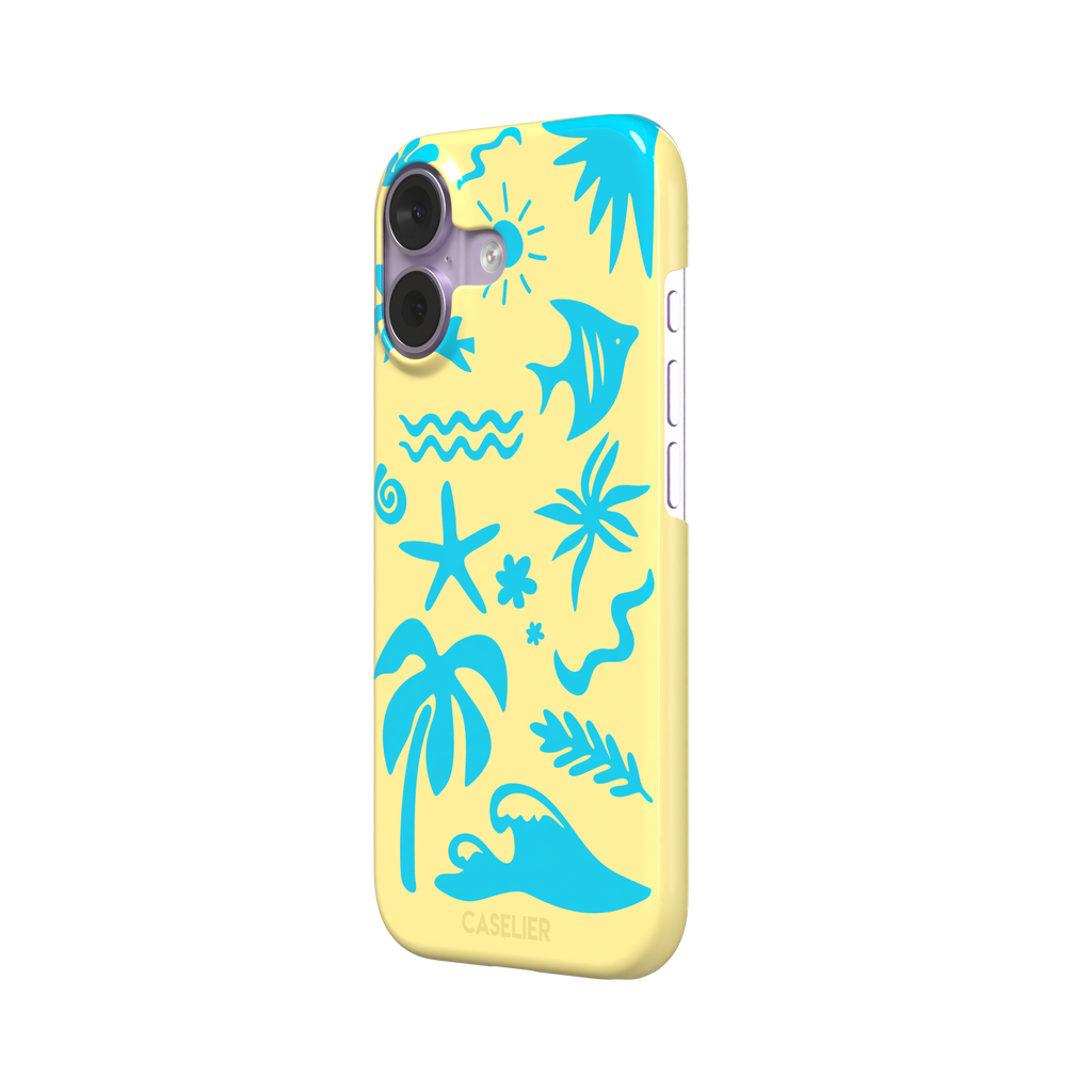 Summer Time phone case in pale yellow with bright turquoise tropical cutout silhouettes including palm trees, starfish, waves and a fish, phone case by Caselier — snap case, right view