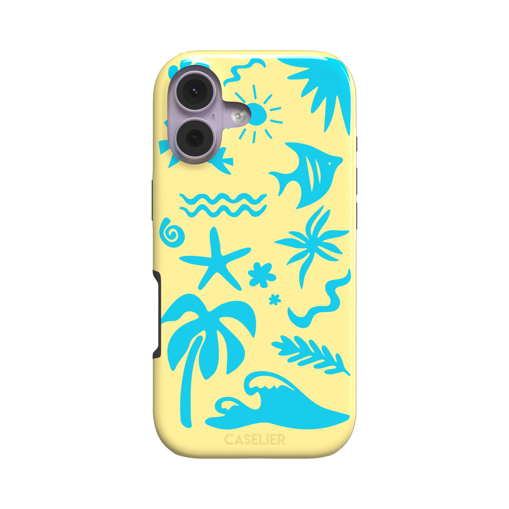 Summer Time phone case in pale yellow with bright turquoise tropical cutout silhouettes including palm trees, starfish, waves and a fish, phone case by Caselier — tough case, front view