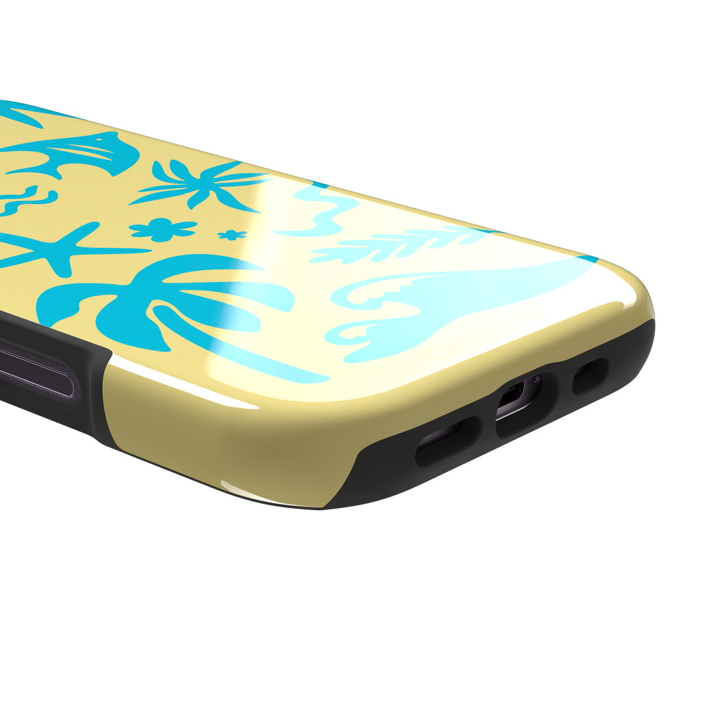 Summer Time phone case in pale yellow with bright turquoise tropical cutout silhouettes including palm trees, starfish, waves and a fish, phone case by Caselier — tough case, charging port detail