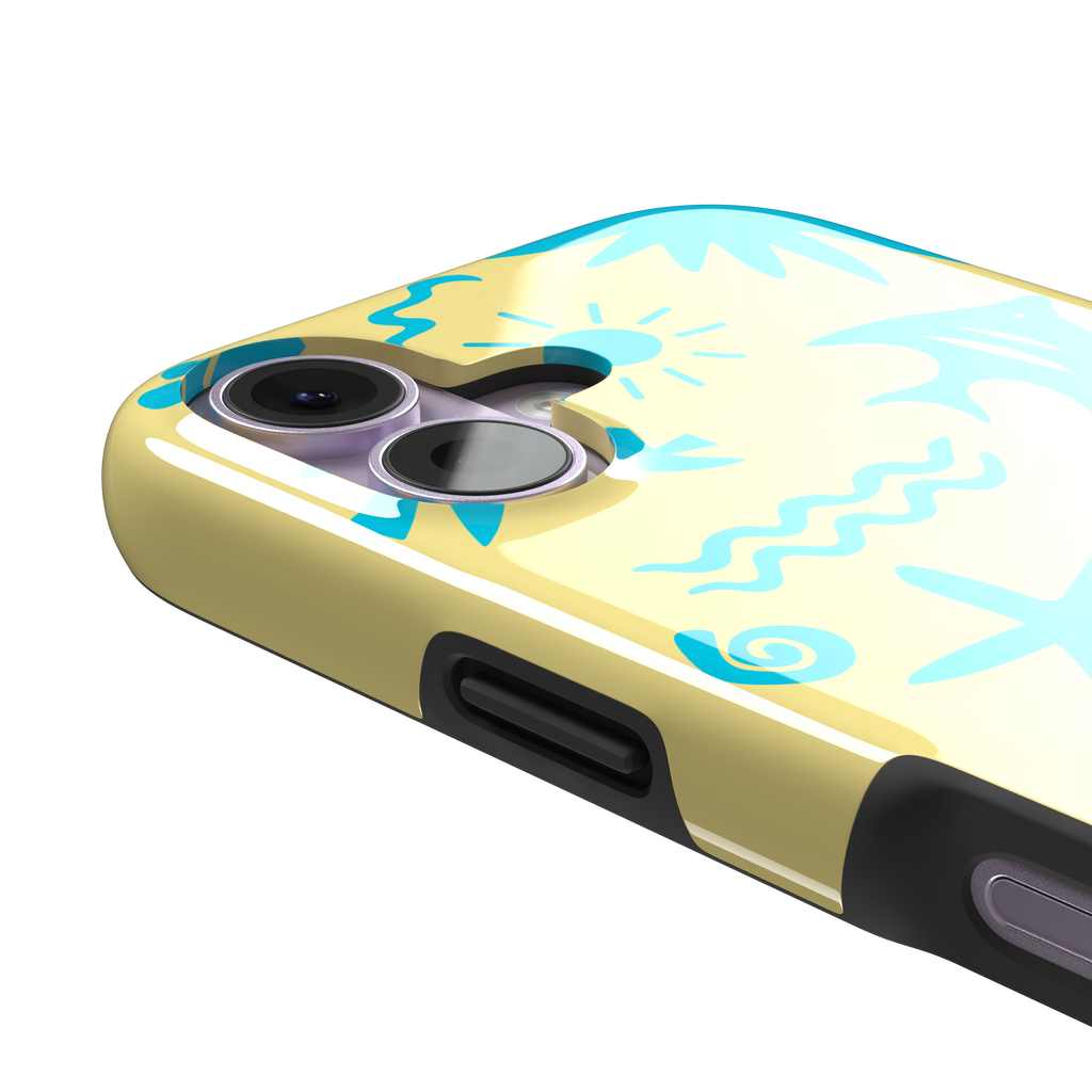 Summer Time phone case in pale yellow with bright turquoise tropical cutout silhouettes including palm trees, starfish, waves and a fish, phone case by Caselier — tough case, volume buttons detail