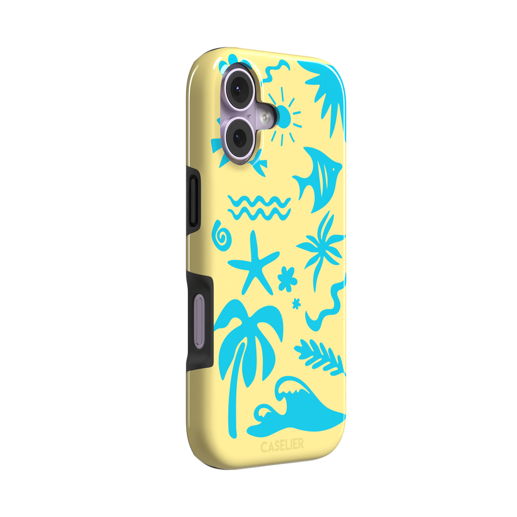 Summer Time phone case in pale yellow with bright turquoise tropical cutout silhouettes including palm trees, starfish, waves and a fish, phone case by Caselier — tough case, left view