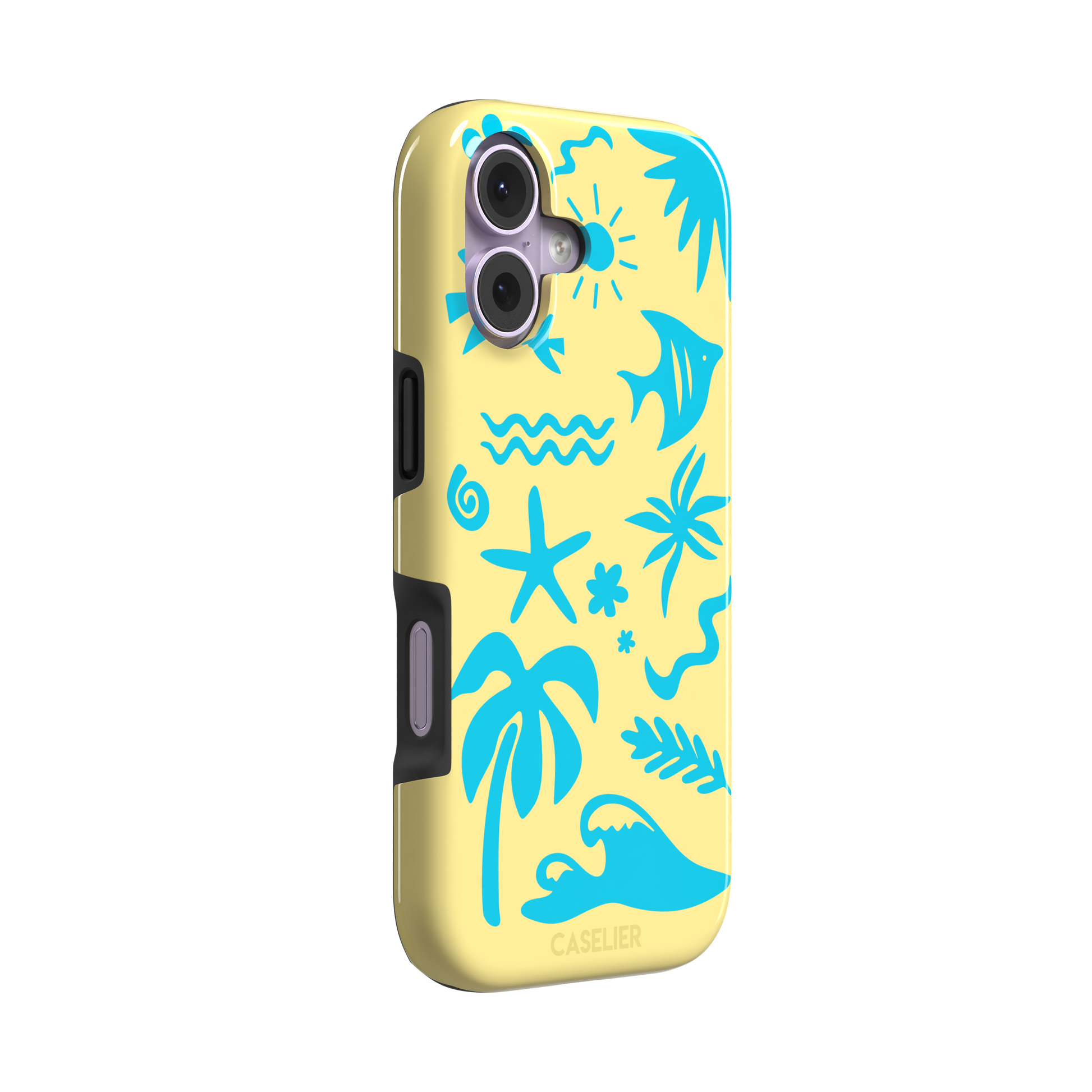 Summer Time phone case in pale yellow with bright turquoise tropical cutout silhouettes including palm trees, starfish, waves and a fish, phone case by Caselier — tough case, left view