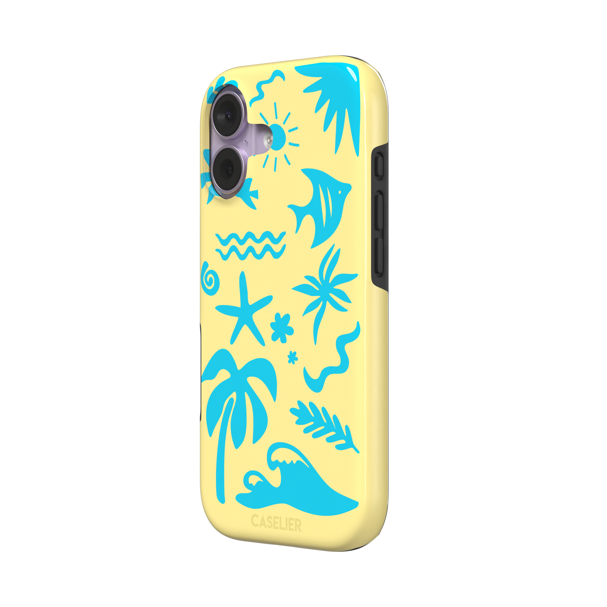 Summer Time phone case in pale yellow with bright turquoise tropical cutout silhouettes including palm trees, starfish, waves and a fish, phone case by Caselier — tough case, right view