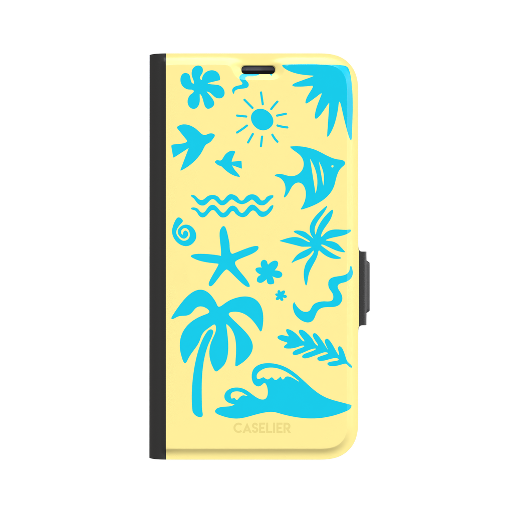 Summer Time phone case in pale yellow with bright turquoise tropical cutout silhouettes including palm trees, starfish, waves and a fish, phone case by Caselier — wallet case, front view