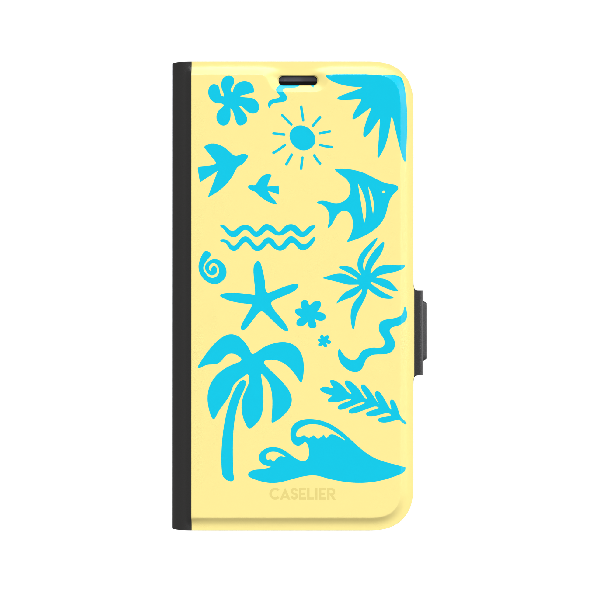 Summer Time phone case in pale yellow with bright turquoise tropical cutout silhouettes including palm trees, starfish, waves and a fish, phone case by Caselier — wallet case, front view
