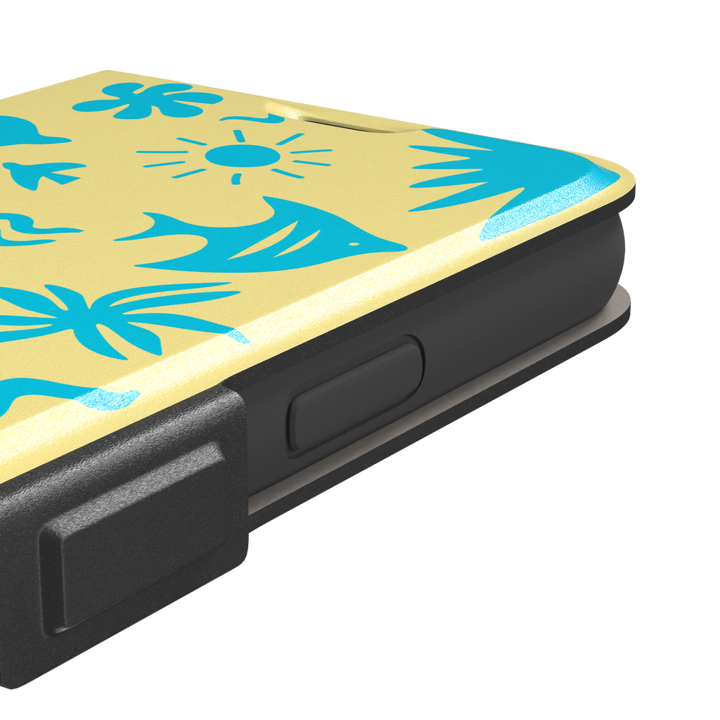 Summer Time phone case in pale yellow with bright turquoise tropical cutout silhouettes including palm trees, starfish, waves and a fish, phone case by Caselier — wallet case, volume buttons detail
