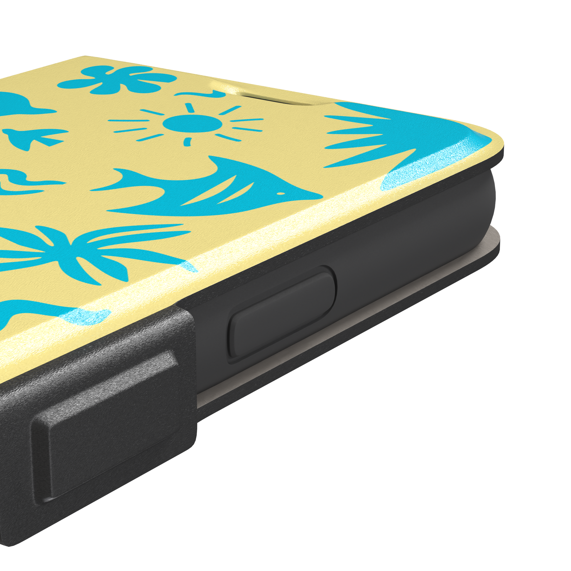 Summer Time phone case in pale yellow with bright turquoise tropical cutout silhouettes including palm trees, starfish, waves and a fish, phone case by Caselier — wallet case, volume buttons detail