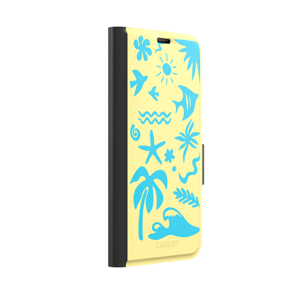 Summer Time phone case in pale yellow with bright turquoise tropical cutout silhouettes including palm trees, starfish, waves and a fish, phone case by Caselier — wallet case, left view