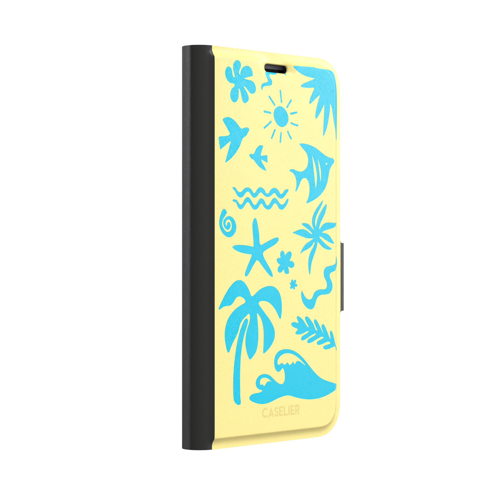 Summer Time phone case in pale yellow with bright turquoise tropical cutout silhouettes including palm trees, starfish, waves and a fish, phone case by Caselier — wallet case, left view