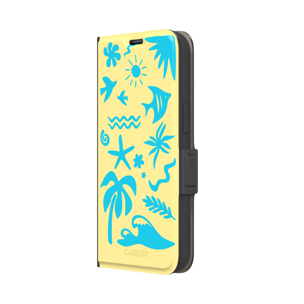 Summer Time phone case in pale yellow with bright turquoise tropical cutout silhouettes including palm trees, starfish, waves and a fish, phone case by Caselier — wallet case, right view