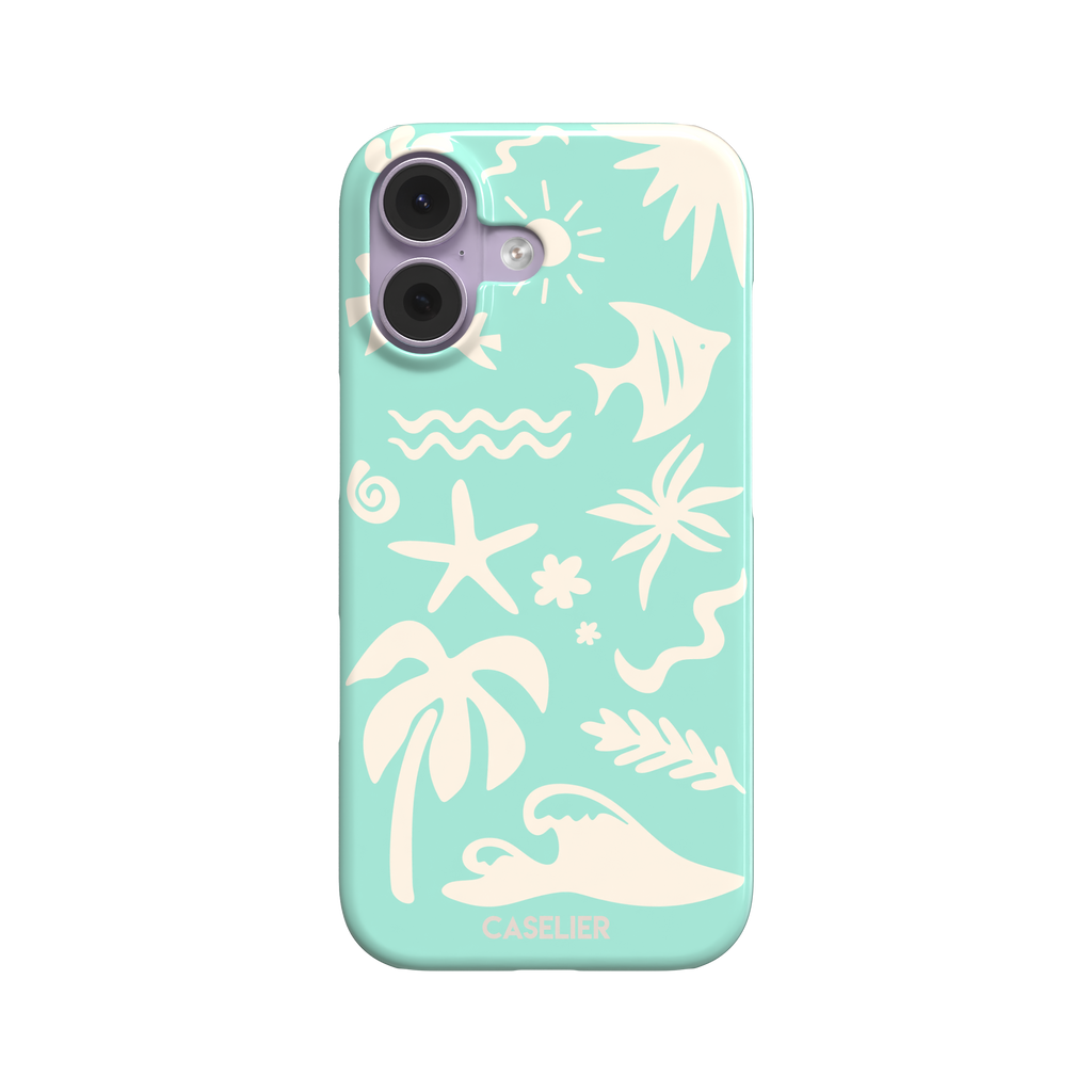 Summer Time phone case in mint green with cream tropical cutout silhouettes including palm trees, starfish, waves and a fish, phone case by Caselier — snap case, front view