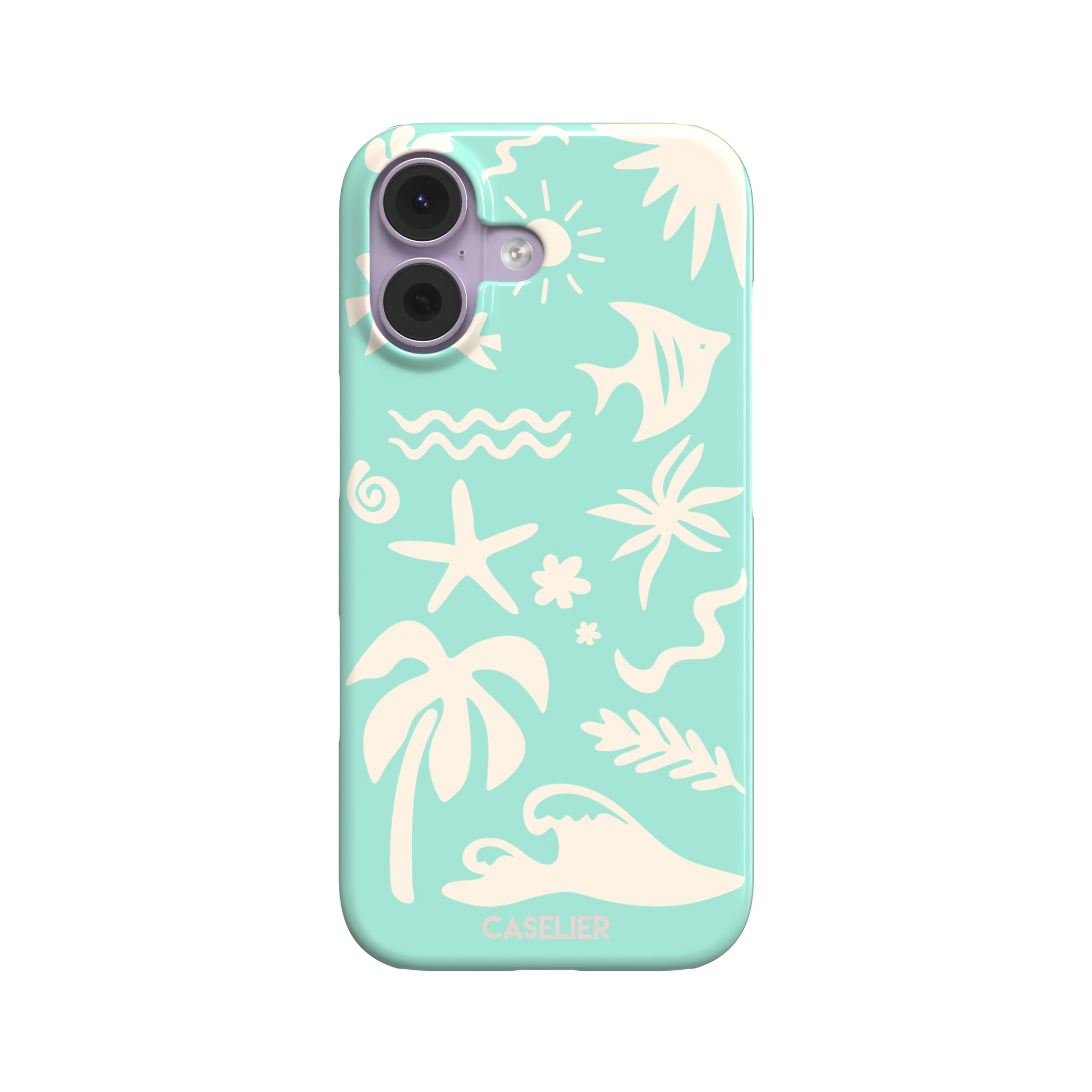 Summer Time phone case in mint green with cream tropical cutout silhouettes including palm trees, starfish, waves and a fish, phone case by Caselier — snap case, front view