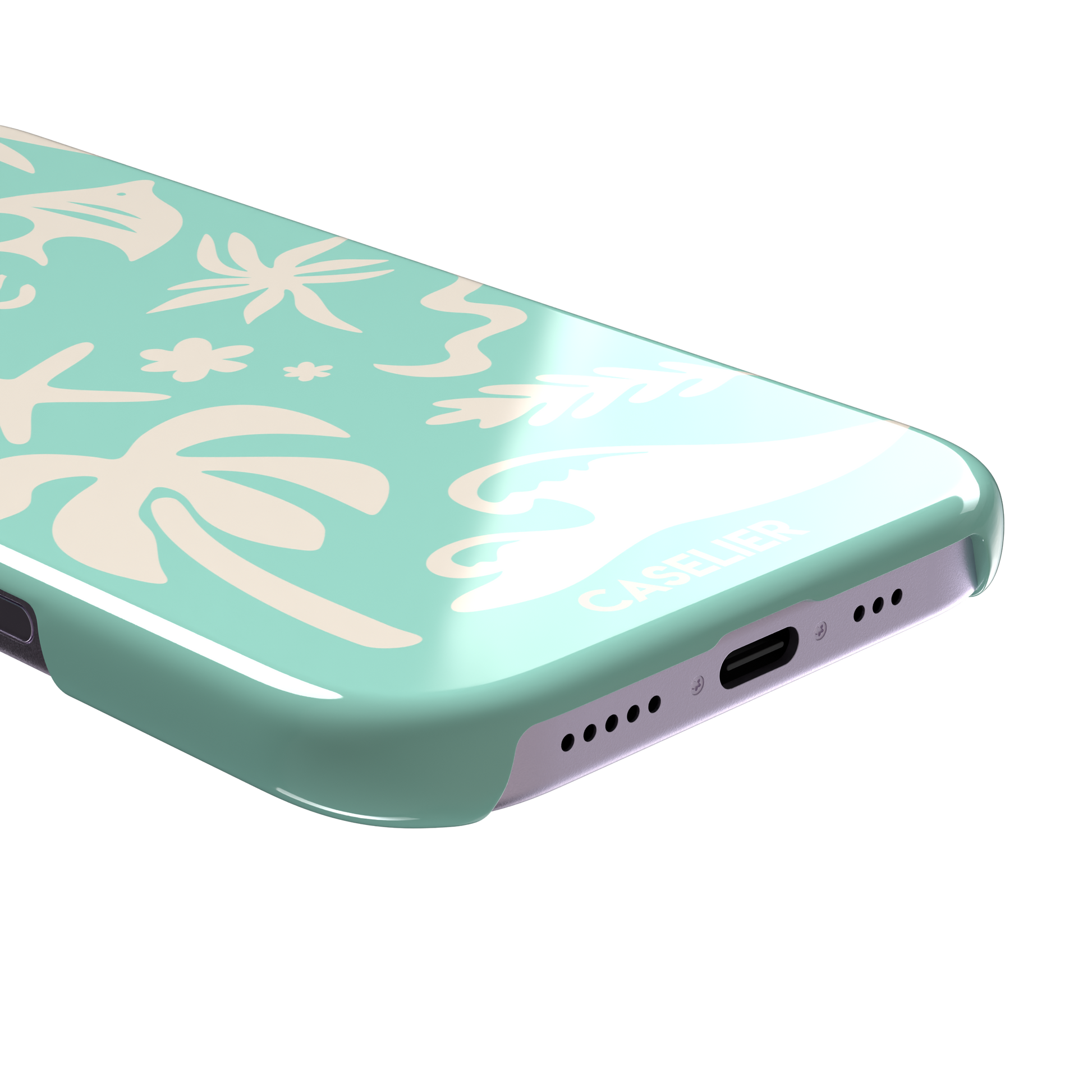 Summer Time phone case in mint green with cream tropical cutout silhouettes including palm trees, starfish, waves and a fish, phone case by Caselier — snap case, charging port detail