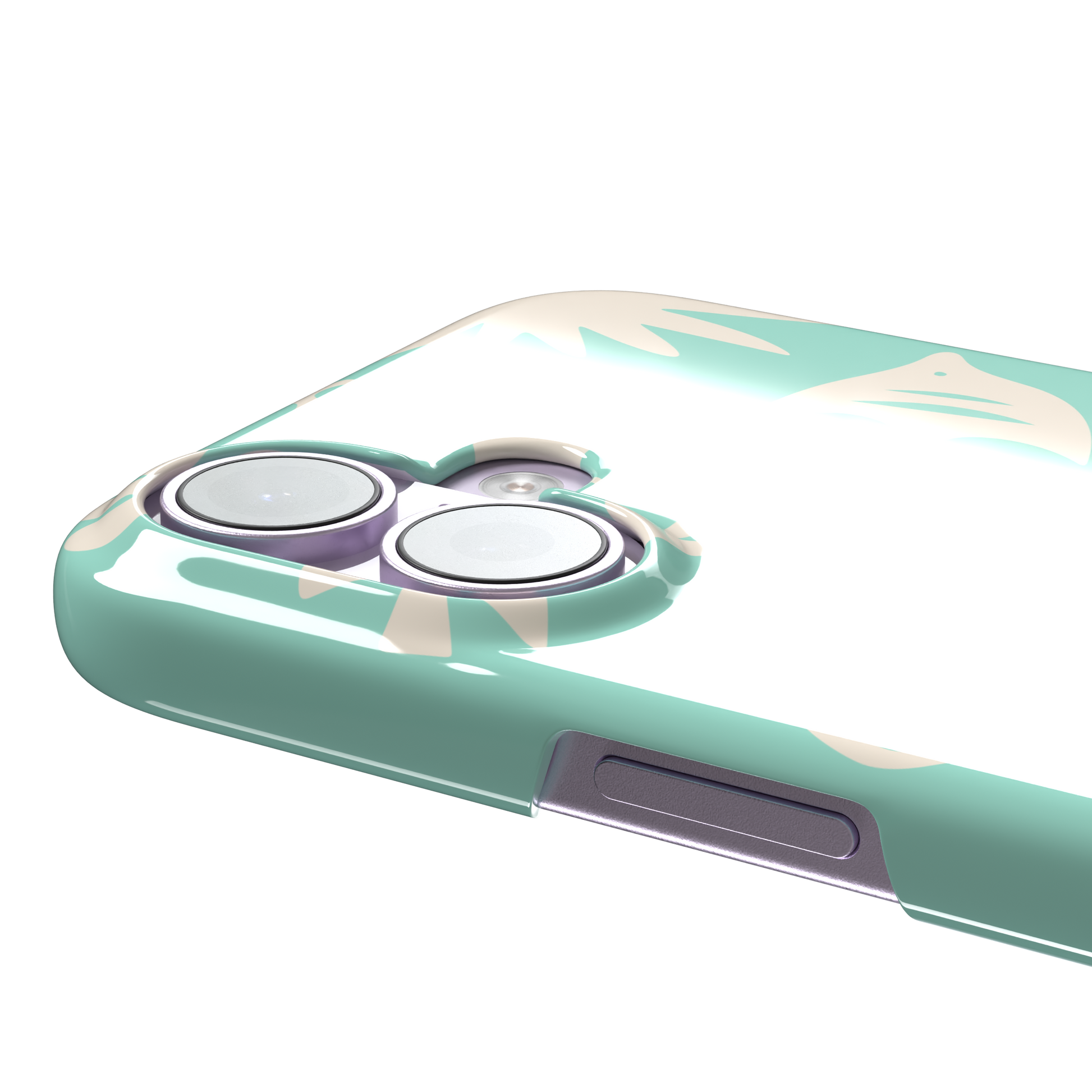 Summer Time phone case in mint green with cream tropical cutout silhouettes including palm trees, starfish, waves and a fish, phone case by Caselier — snap case, volume buttons detail