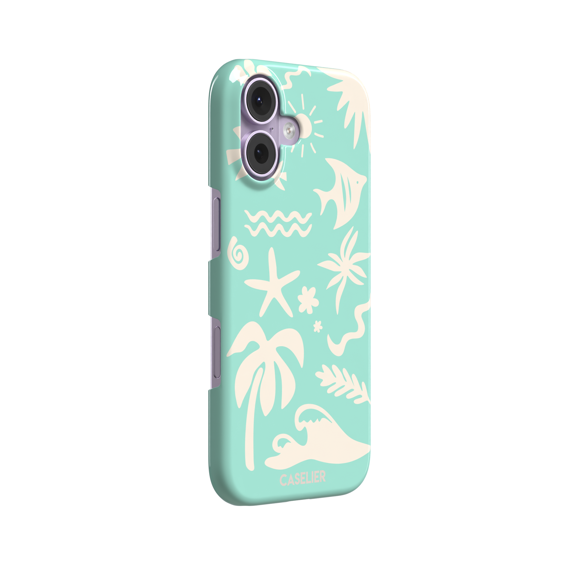 Summer Time phone case in mint green with cream tropical cutout silhouettes including palm trees, starfish, waves and a fish, phone case by Caselier — snap case, left view