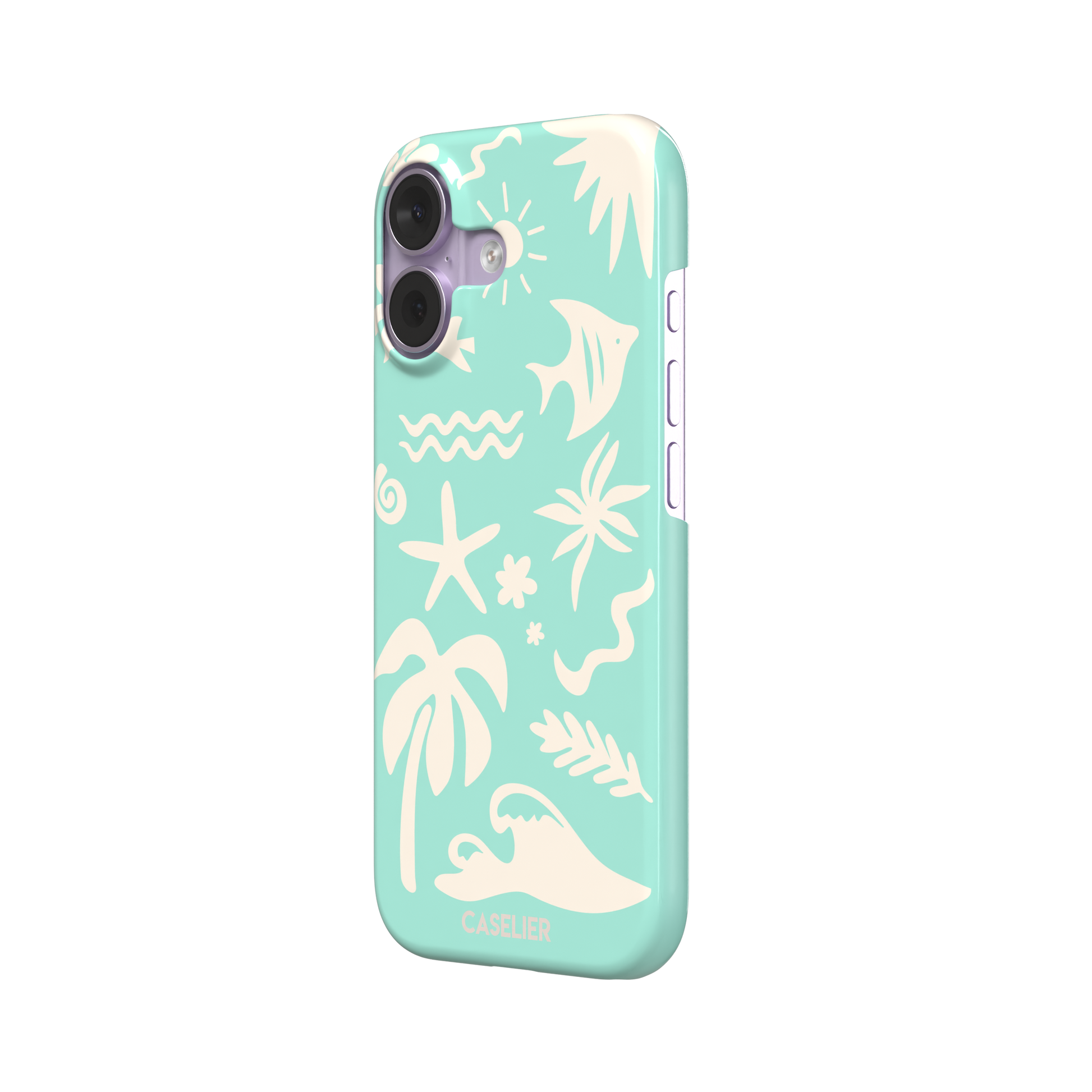 Summer Time phone case in mint green with cream tropical cutout silhouettes including palm trees, starfish, waves and a fish, phone case by Caselier — snap case, right view