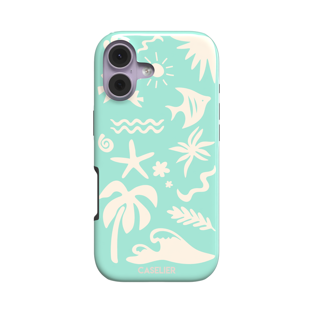 Summer Time phone case in mint green with cream tropical cutout silhouettes including palm trees, starfish, waves and a fish, phone case by Caselier — tough case, front view