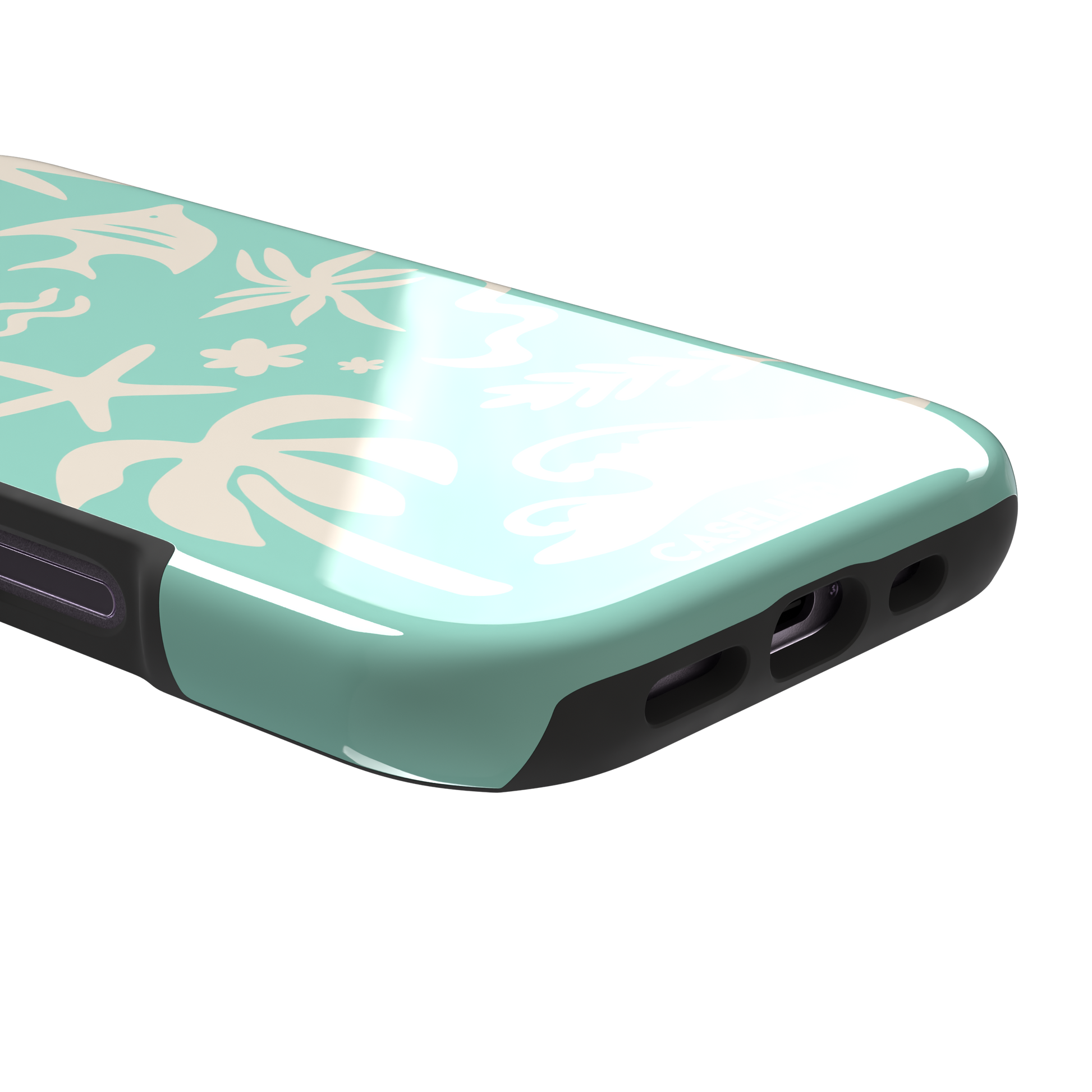 Summer Time phone case in mint green with cream tropical cutout silhouettes including palm trees, starfish, waves and a fish, phone case by Caselier — tough case, charging port detail