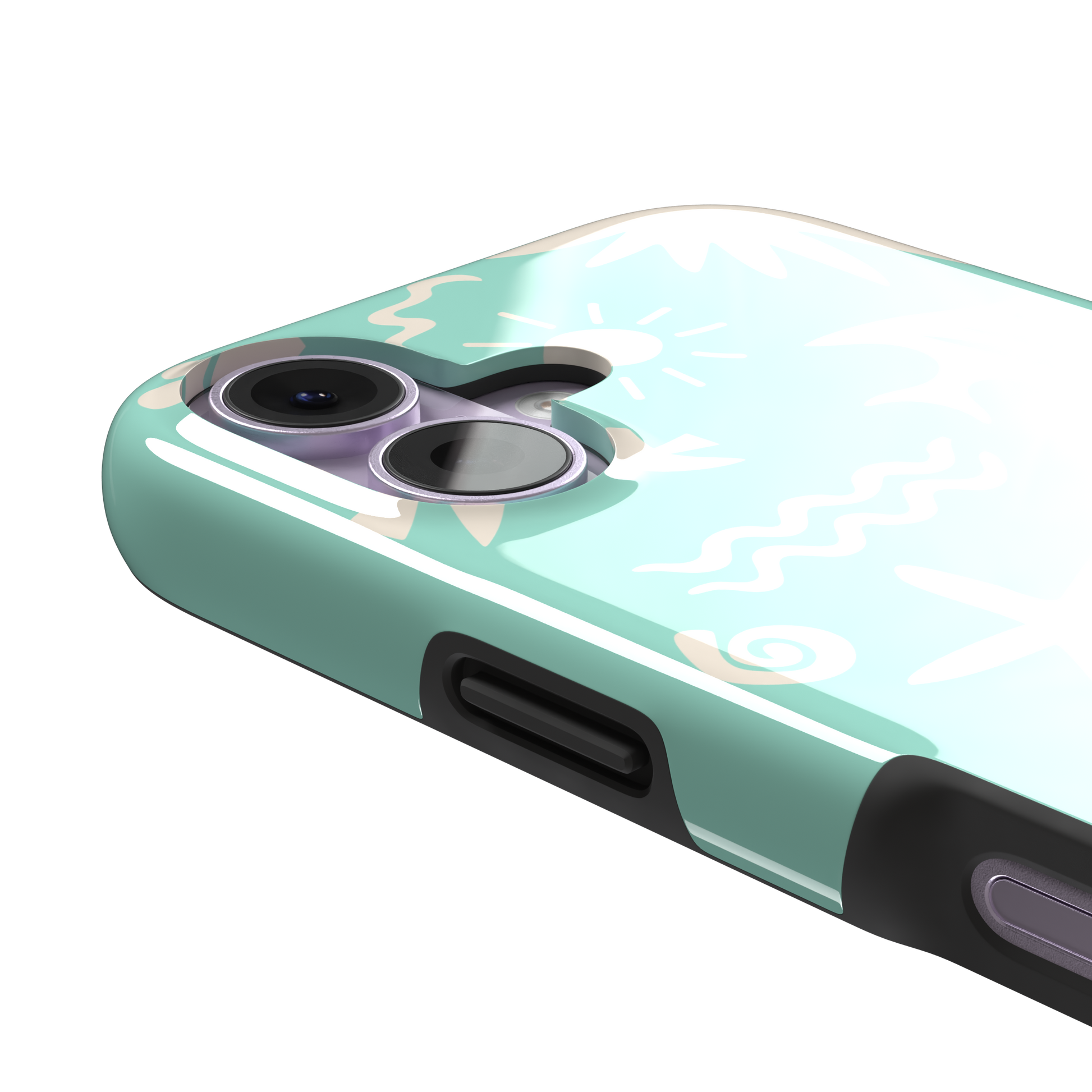 Summer Time phone case in mint green with cream tropical cutout silhouettes including palm trees, starfish, waves and a fish, phone case by Caselier — tough case, volume buttons detail